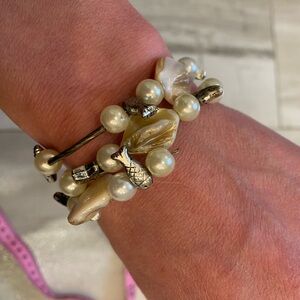 Metallic Sea Life and Pearlized Rock Beads Ocean Beach Theme Wrap Bracelet
